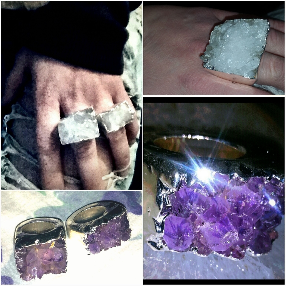 Chunky Amethyst / Clear Quartz Druzy Rings Silver! - Picture 1 of 7